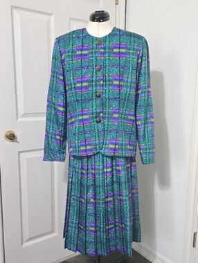 VTG 80s 90s Satin Skirt Set Plaid Teal Purple Pleated Midi Suit Jewel Tone Sz 16